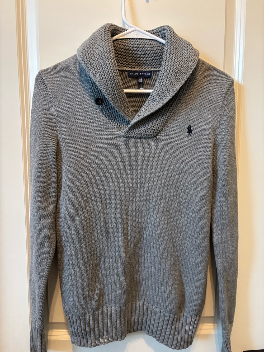 Ralph Lauren Men’s Shawl Collar Sweater - Light Gray with Navy Pony Size Medium